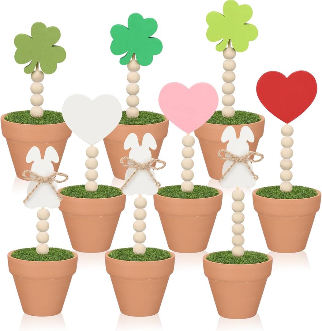 Set of 12 Interchangeable Seasonal Decor Valentine St Patricks Day Easter Table Decor Heart Shamrock Bunny Artificial Potted Plant Wooden Sign on Stand Table Centerpiece for Holiday Gifts