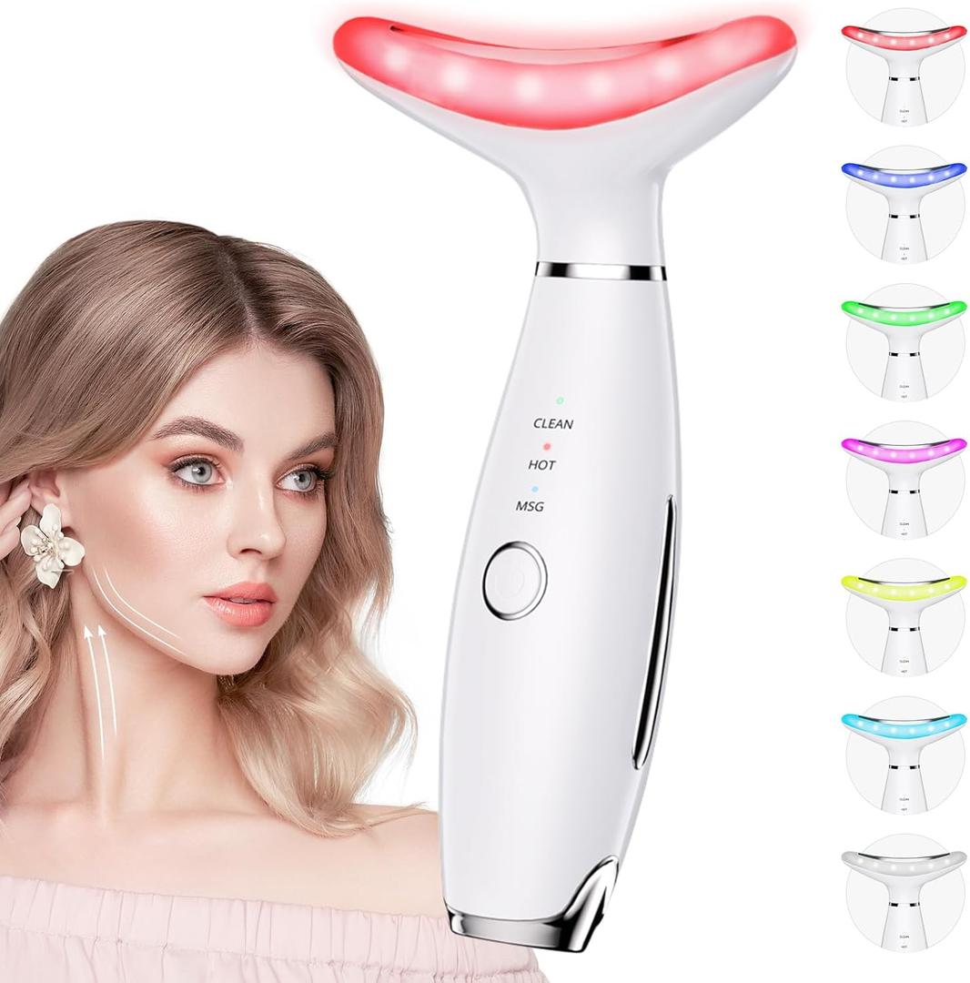 7 Color Galvanic Machines - Red Light Therapy for Face and Neck, Face Massager Tool for Wrinkles, Double Chin, Vibrating Facial Massager with Thermals, White (White)