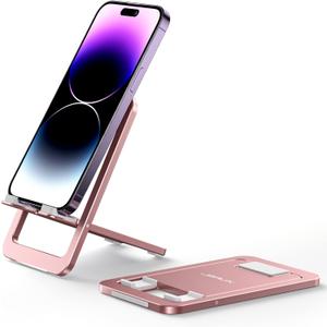 JSAUX Cell Phone Stand, Foldable Aluminum Adjustable Phone Holder for Desk Portable Travel Holder Office Desk Accessories Compatible for iPhone 15 14 13 12 11 Pro Max X Samsung S24 S23 Steam Deck Pink