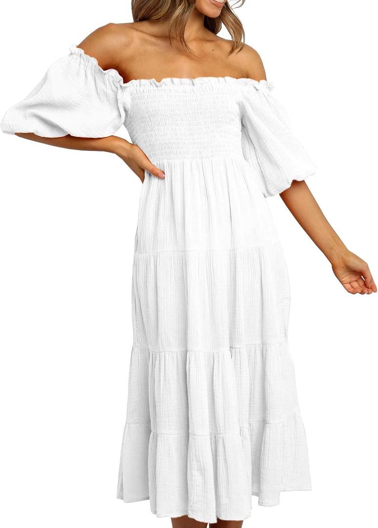 R.Vivimos Women's Summer Cotton Lantern Sleeves Ruffled Off Shoulder A-Line Midi Dresses (Medium, White)