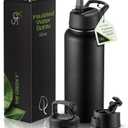 SipX Triple-Insulated Stainless Steel Water Bottle 32oz. With 3 Lids, BPA-Free Reusable Insulated Water Bottle Keeps Cold 24 Hours, Metal Water Bottle Made Of Sustainable Material For Hiking & Biking (Black)