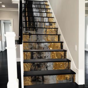 REDAMANCY Abstract Gold Black Grey Geometric Art Peel and Stick Vinyl Stair Riser Decals Staircase Tile Stickers Decor Modern Marble Decoration Self-Adhesive(14 Pcs) (Stad-063)