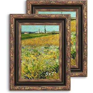 5x7 Picture Frame, Ornate Embossing 5 x 7 Frame with Tempered Real Glass, Tabletop or Wall Mounting Display for Art Prints or Pictures, Bronze and Antique Gold, 2 Pack