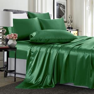 TREELY 6 Piece Queen Size Satin Sheet Set - Silky Smooth Green Sheet Set with Deep Pocket, Fitted Sheet, Flat Sheet, 4 Pillowcases