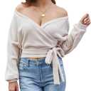 SweatyRocks Women's Wrap Off Shoulder V Neck Sweater Sexy Crop Cinched Waist Long Sleeve Knit Sweaters Top (Large, Beige)