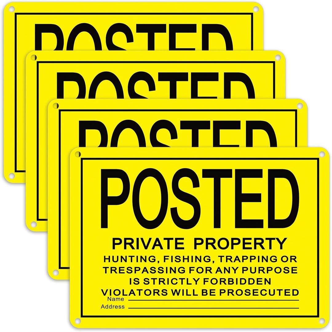Tandefio 4 Pcs No Trespassing Signs 10x7" Private Property Reflective Aluminum Posted Metal No Hunting or Trespassing Signs for Warning Indoor Outdoor Use(Yellow)