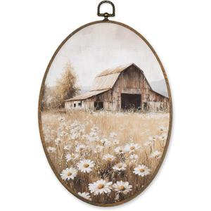 LKETW Farmhouse Country Wildflower Oval Wall Art Decor, Vintage Rustic Nature Daisy Floral Oval Canvas Hanging Decor, Retro Landscape Wall Decorations for Home Bedroom Living Room, 8.6x11.4 Inch