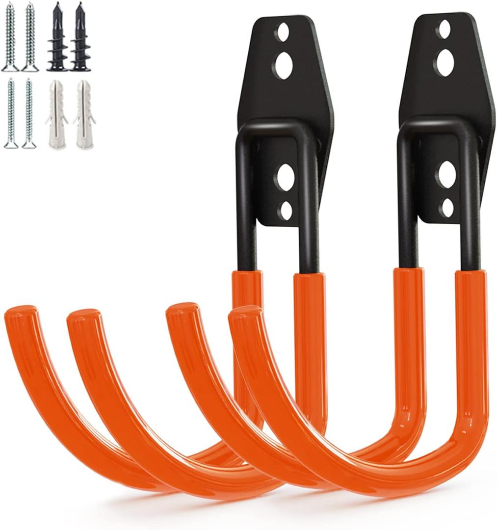 Garage Storage Utility HooksGarage Garden Tool OrganizerSteel Wall Mount Hooks, Large Garden U Hooks 2 Pack (Type-2-Orange)