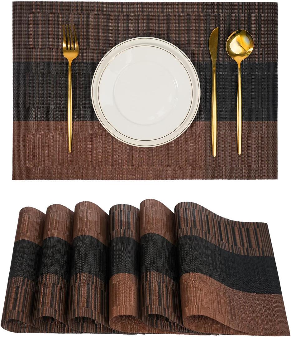 Placemats Set of 6Non-Slip PVC Weave Table Mats Easy to CleanHeat Resistant Place Mats for Kitchen Dining Table Decoration Indoor OutdoorBlack Brown