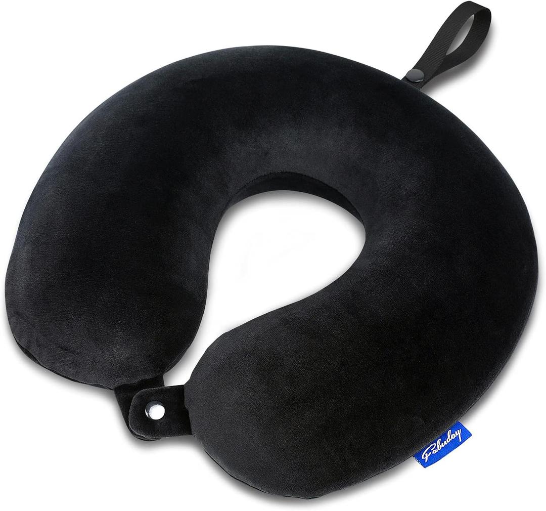 Fabuday Memory Foam Travel Pillows for Airplanes - Neck Pillow for Traveling with Attachable Snap Strap Soft Washable Cover, Flight Pillow for Sleeping, Car, Home, Office, Black (Midnight Black)