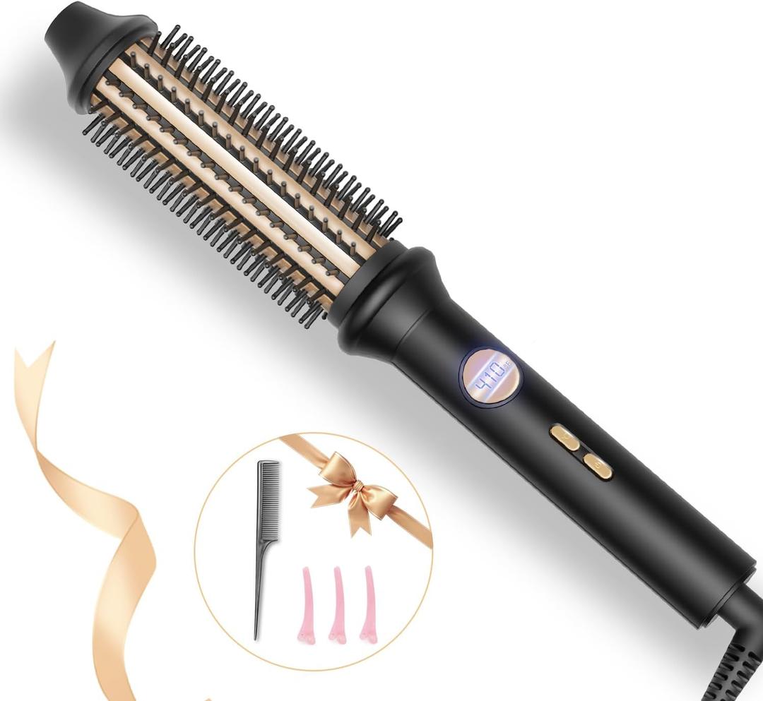 Thermal Brush, Avvnee 1.26 Inch Curling Iron for Long Dry Hair, 110-220V Heated Round Brush with 10 Temp Settings, 30s Fast Heat for Curling & Volumizing & Straightener, Anti-Scald Nylon Bristles (Black)