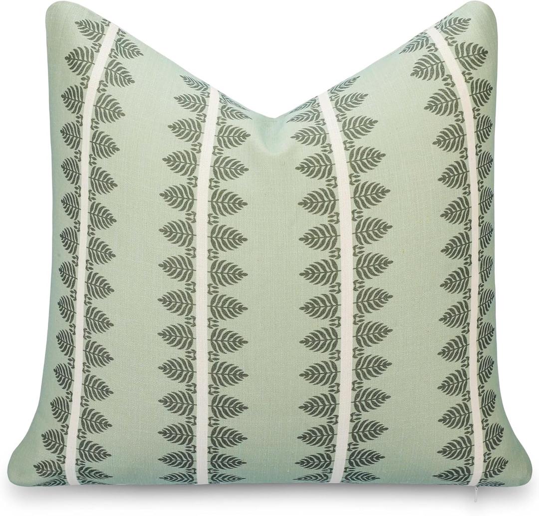 Crumbs Home California Casual Coastal Indoor Outdoor Throw Pillow Cover, 20"x20" Water Repellent for Patio, Backyard, Couch, Poolside, Olive Light Green Print Leaves Stripes