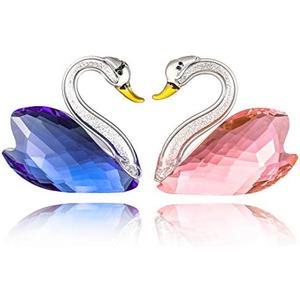 Crystal Couple Swan Figurine Home Decoration, Handmade Lover Swan Statue Ornament, Crystal Crafts Paperweight Collectible, Great Gift for Girlfriend Birthday Holidays Christmas (Blue+Pink-2)