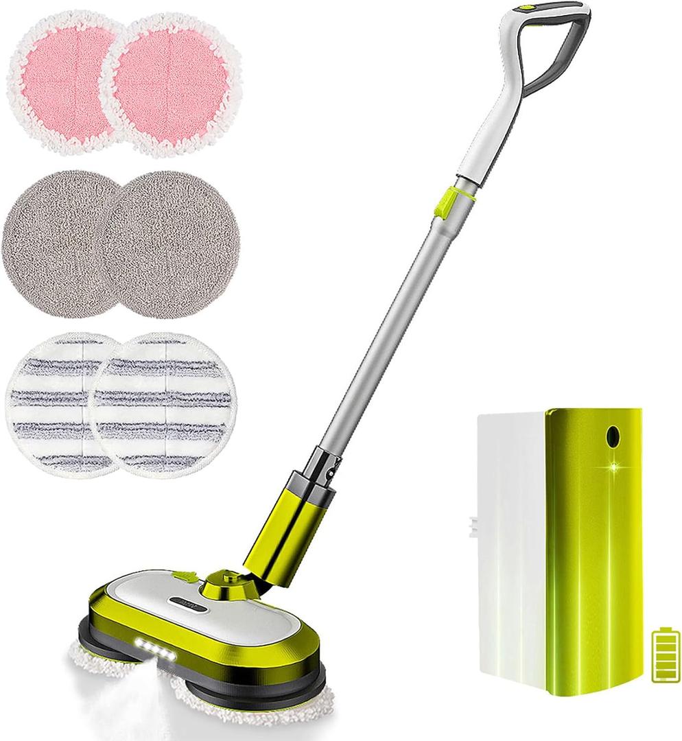 VMAI Cordless Electric Spin Mop with LED Headlight, Water Spray, 300ml Water Tank & Plastic Head, Powerful Floor Cleaner Up To 60mins, Polisher for Hardwood, Tile Floors, Quiet Cleaning/Waxing, Green
