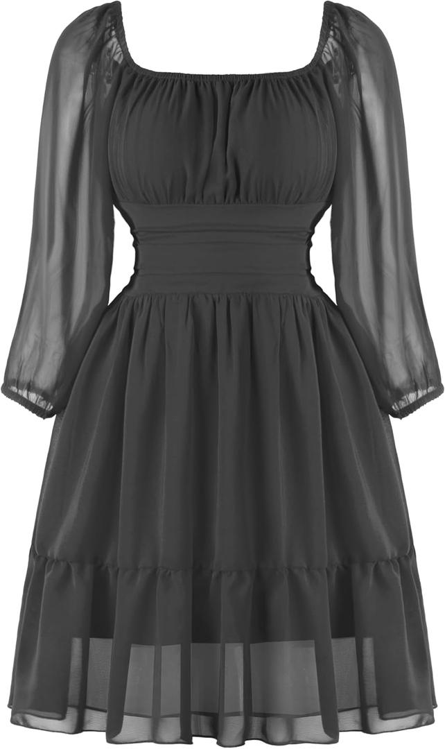 PUKAVT Women's Summer Dress 2026 Chiffon Causal Short Dress | Square Neck dress, 3/4 Lantern Sleeve dress, Tie Back dress, Wedding dress, Homecoming Dress, Vacation Dress, Date Dress (Black, XXL)