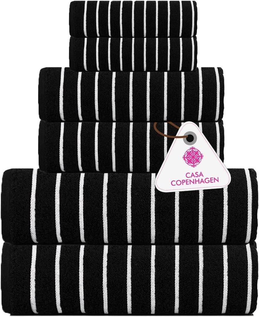 CASA COPENHAGEN Ecstatic 6Pcs 100% Egyptian Cotton Large Designer Towels Gift Set- Coal Black, 600GSM, 2Bath 2Hand 2Washcloths, Bath Towels for Bathroom Set for Women & Men, 27 x 55 inches