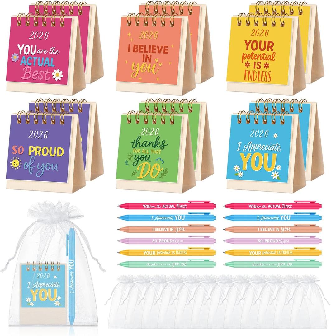 ReliThick 12 Sets 2026 Mini Desk Calendar Gifts Bulk Christmas Employee Appreciation Gifts Small Calendar with Pens Drawstring Bags Present for Coworkers Team Friends Family(Classic Style)