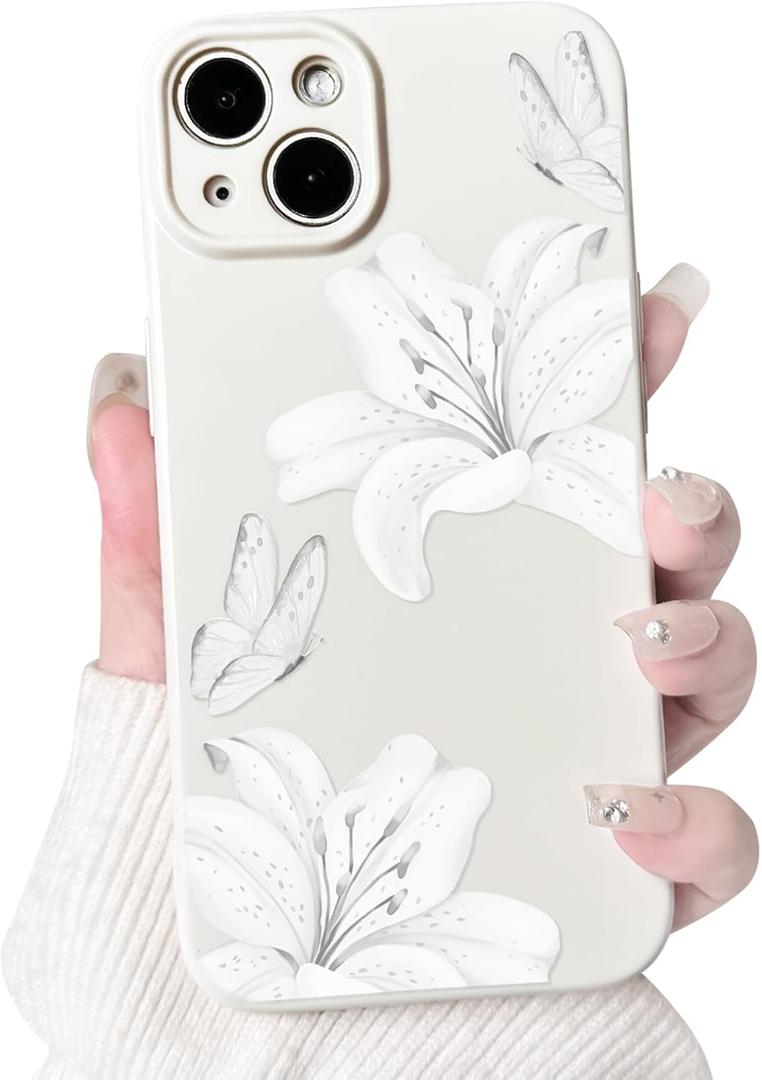 NITITOP Compatible with iPhone 13 Case Cute Lily Flowers Floral Butterfly for Women Girls Slim Fit Soft TPU Bumper Silicone Shockproof Full Camera Protective Cover - White