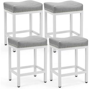 DUMOS Counter Height Bar Stools Set of 4, 24 Inch Saddle BarStools with Curved PU Leather, Upholstery Bar Height Stools with Footrest for Kitchen Island, Dining Room, Cafe, Gray (Grey)