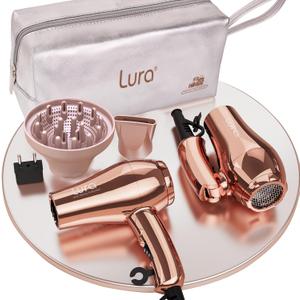 LURA Mini Portable Travel Hair Dryer:Dual Voltage Small Lightweight Blow Dryer with EU Plug,1200W Compact Hairdryer with Folding Handle,with Concentrator&Diffuser Attachment,for Women and Men (Rose Gold)