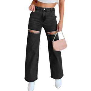 Unybwonn Women High Waist Baggy Ripped Jeans Rhinestone Trim Bling Denim Pants Y2k Straight Wide Leg Pants Streetwear (Medium, Black)