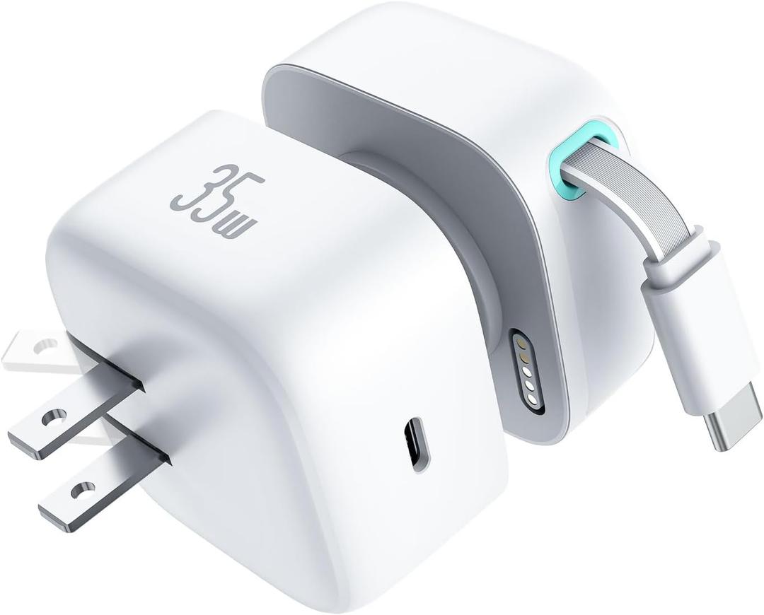 Retractable Wall Charger, 35W PD Fast Charger Block with Type C Retractable Cable (31.5 inch) and Type C Ports, Portable Charger Adapter for iPhone 17/16/15 Pro Max/Galaxy/Pixel & More (White)