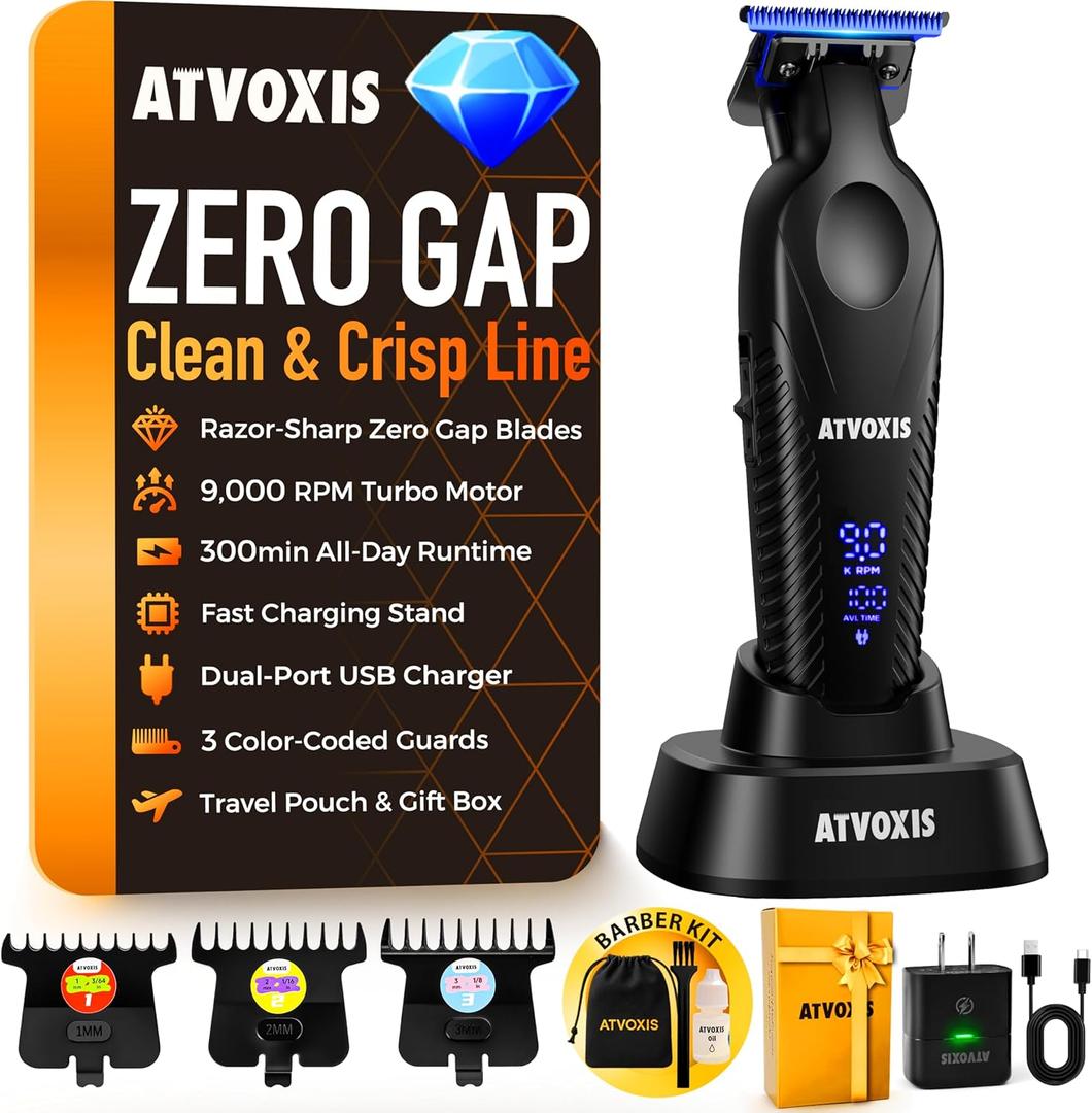 Zero Gap 9,000 RPM Brushless Professional T Blade Trimmer for Men: Cordless Hair/Beard Clipper Edger Liner Outliner with LED Display 300min Runtime Fast Charging Stand Travel Pouch