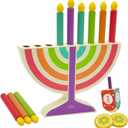 Mini Multicolor Hanukkah Menorah, 5" Inch Children Wooden Chanukah Menorah Set with Removable Wooden Candles, 3" Inch Dreidel, and Gelt Coins (Single)