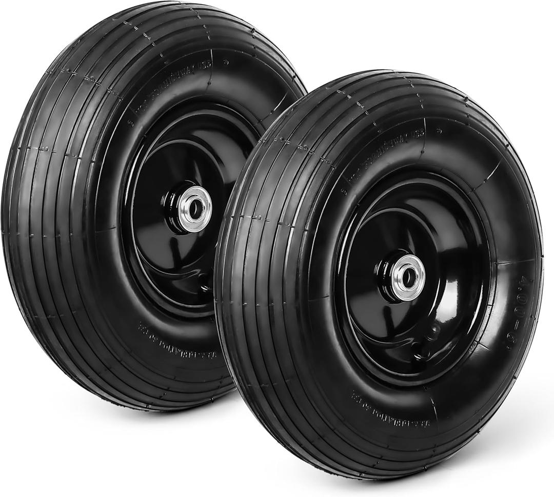 Taifa 13 Inch 2 PCS Rubber Pneumatic Replacement Tires and Wheels 4.00-6 with 5/8'' Axle Bore Hole, Inflated Air Wheel for Wheelbarrow/Wagon/Hand Truck/Trolley/Garden Scooter etc. (13x400-6Air-ribbed-2packs)
