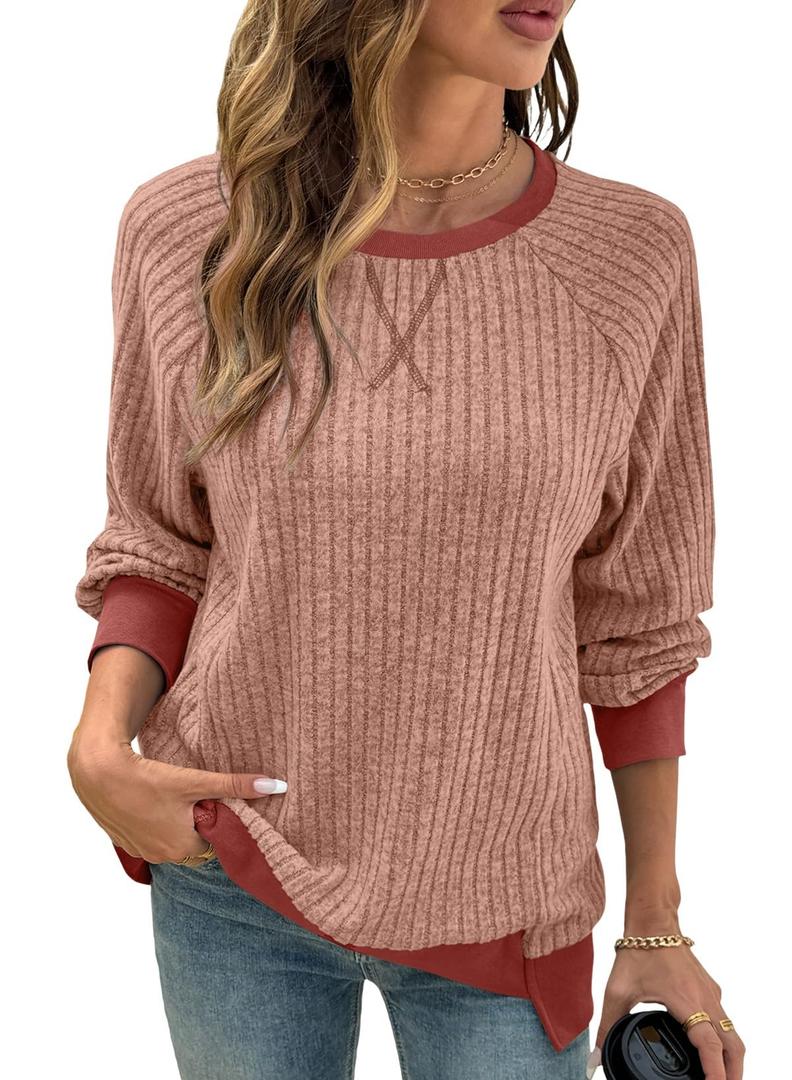5 x SHEWIN Women Fall Sweatshirt Lightweight Long Sleeve Pullover Tops Casual Oversized Shirts Color Black Patchwork Shirts Size M Red