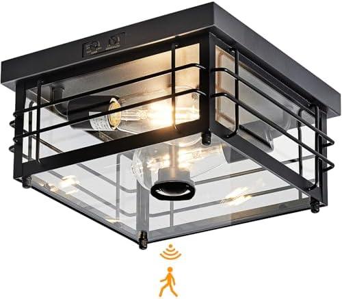 Yisuro Outdoor Ceiling Light with Motion Sensor Flush Mount Farm House Porch Light Ceiling Mount Adjustable 3 Modes Squares for Patio,Porch,Garage (Black-Square)