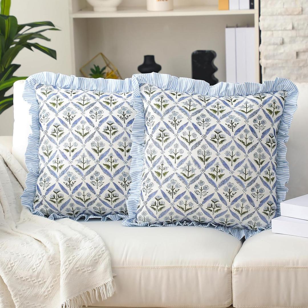 2 PCS Block Print Pillow Covers - Ruffle Modern Farmhouse Floral Throw Pillow Covers Cotton for Couch Sofa Bed Home Decor (Blue,20 x 20 Inches)