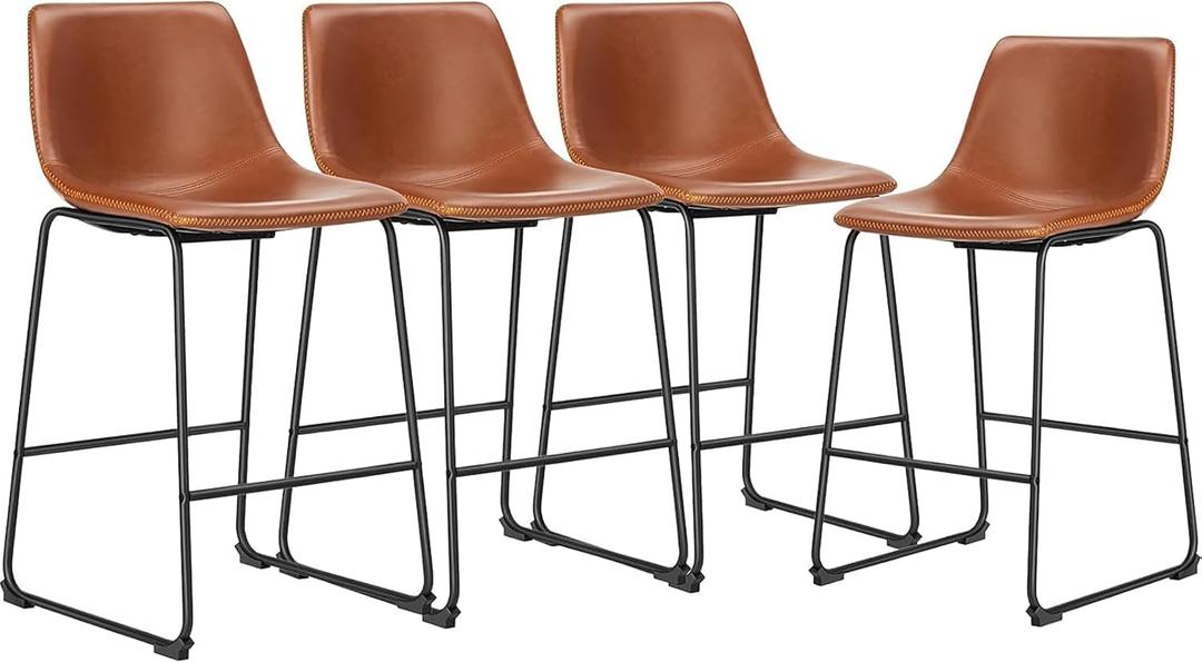 DUMOS 26 Inch Counter Height Bar Stools Set of 4, Modern Faux Leather High Barstools with Back and Metal Leg, Bar Chairs for Kitchen Island, Brown, 4 Pcs 26 in