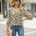 Rapbin 3/4 Length Sleeve Womens Tops Summer Lace Ruffles Sleeve T Shirts V-Neck Dressy Casual Trendy Tunic Blouses (S)