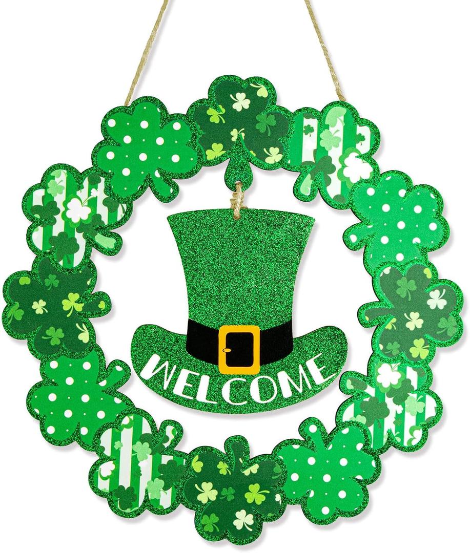 St. Patrick's Day Wooden Door Wreath St Patricks Day Decorations for Front Door Sign Wall Signs Shamrock Clover Spring Decoration for Home Mantel Office Irish Day Party Supplies