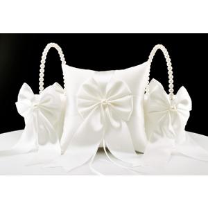 2 Flower Girl Baskets and Ring Bearer Pillow Set, Flower Girl Basket with Pearl Handle, Ivory Fariy Wedding Baskets for Flower Girls