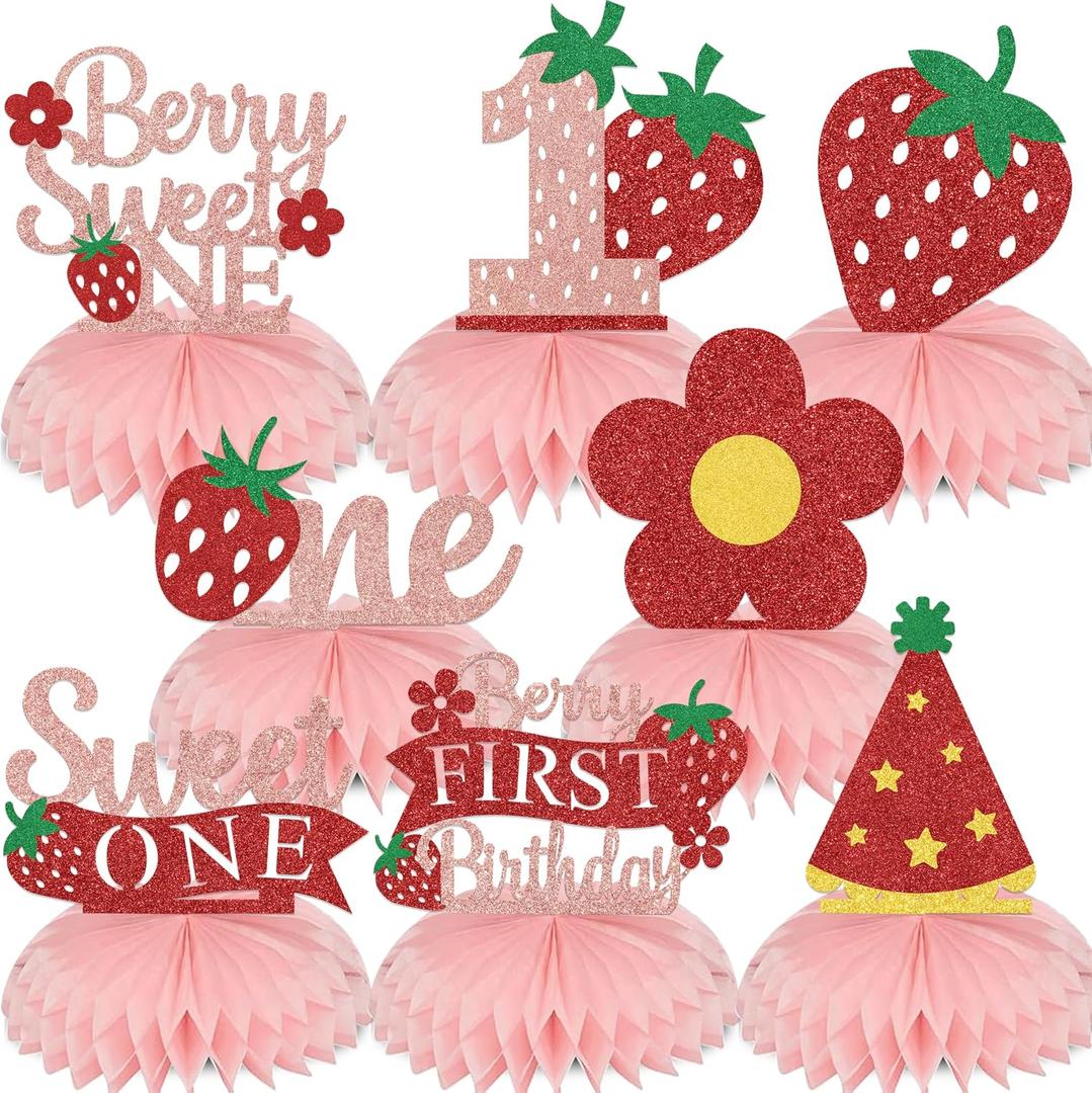 8PCS Berry 1st Birthday Honeycomb Centerpieces Berry First Birthday Decor Happy 1st Birthday Party Decorations for Girls Strawberry Centerpieces for Tables Red Glitter