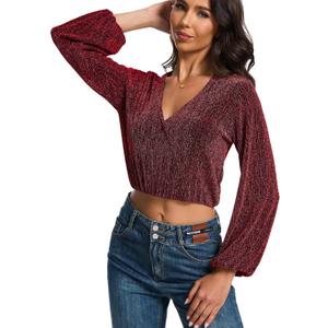 YYA Women's Sparkly Tops for Women Ruffle Sparkly Shiny Turtle Neck Shirts Long Sleeve Slim Fitted Tops S-XXL (Red, L)