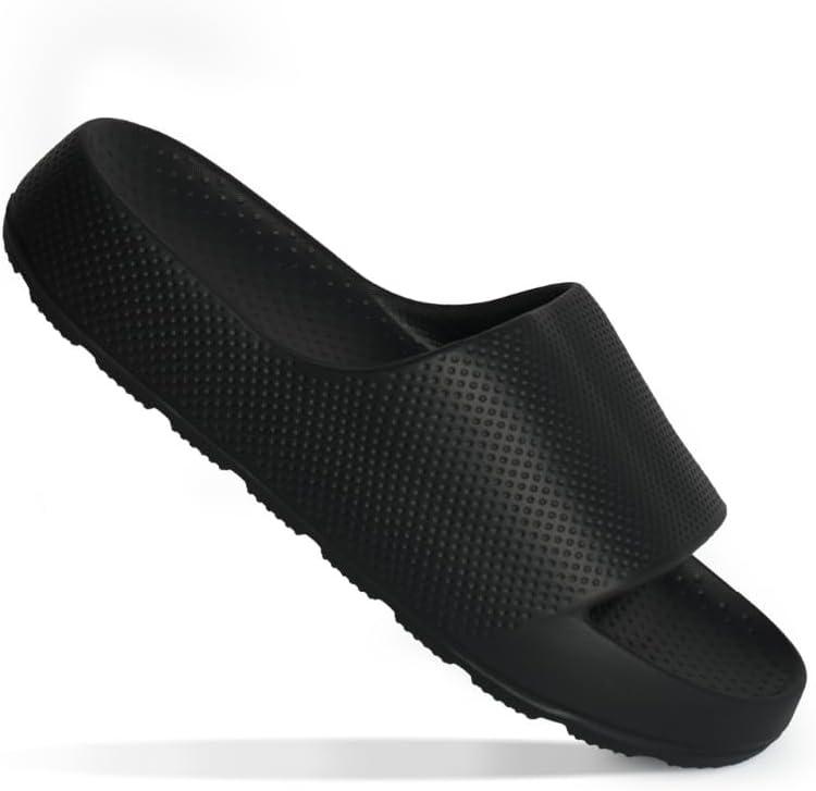 Shondo Pillow Slippers for Women and Men - Non-Slip Cloud Slides EVA Foam, Soft, Lightweight, Quick Drying Shower Sandals, Comfortable Indoor Outdoor Bathroom Sandals - UltraGrip Technology, Cushion Arch Support (7-8 Women/5-6 Men, Black)