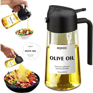 2 in 1 Glass Oil Sprayer & Dispenser, 16oz/470ml Olive Cooking, Air Fryer, and Salad, for Kitchen Gadgets and Air Fryer Accessories, w/Stickers (Black)