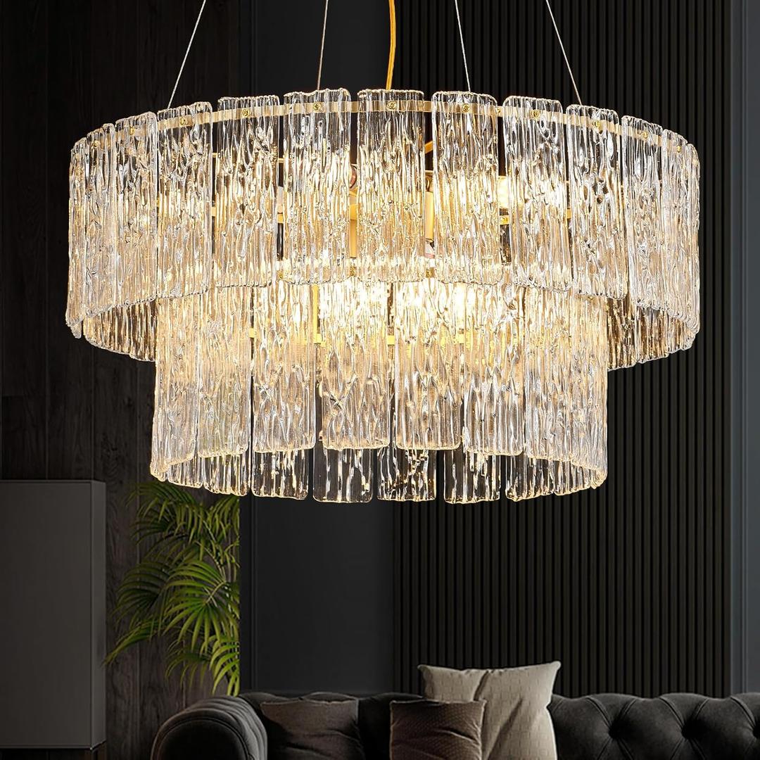 24" Modern Gold Crystal Chandelier Living Room 8-Light Crystal Elegant Lighting Large Glass Chandelier Luxury 2-Tier Round Chandeliers for Dining Room Foyer Living Room Bedroom