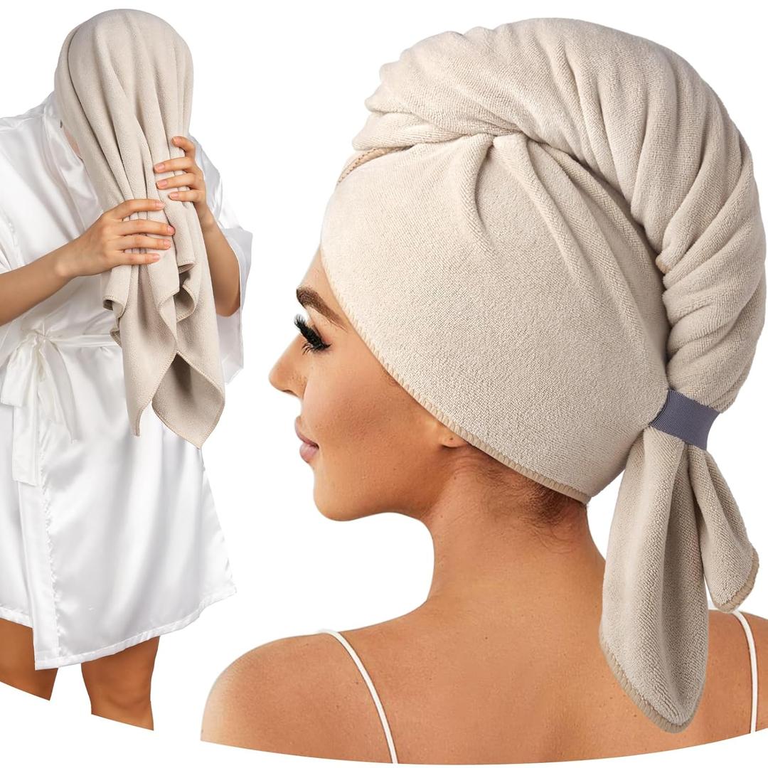Umisleep 100% Microfiber Hair Towel, 41" x 22" Super Absorbent Hair Care Towel, Ultra Soft Hair Towel Wrap with Elastic Loop, Large Curly Hair Towel for Women Long, Thick Hair, Camel (Medium)