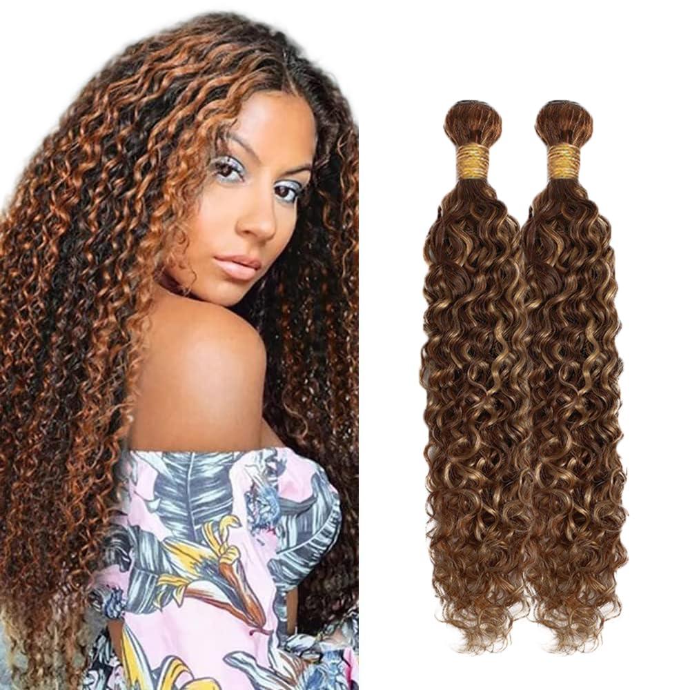 P4/30 Highlight Brown Bundles Human Hair Water Wave Bundles 30 32 Inch Unprocessed Brazilian Virgin Hair Weave 2 Bundle Light Brown Human Hair Extensions 100 Grams Per Bundle