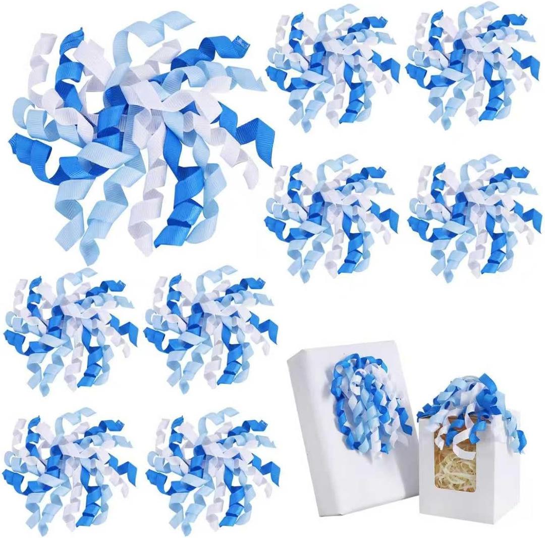 TONIFUL 8 Pack Blue White Curly Ribbon Bows 4.5 Inch Grosgrain Gift Wrap Bows for Gift Wrapping, Treat Bags, Wine Bottle Decor, Christmas, Valentine, Weddings, BirthdaysBaby Shower Decoration