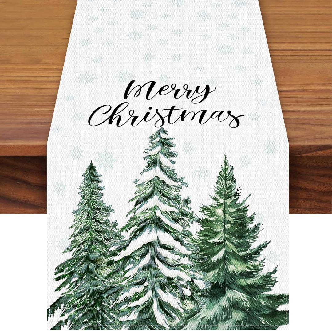 72 x 13 Inch Merry Christmas Table Runner - Snowflakes and Pine Trees Pattern for Holiday, Home, Kitchen, Mantel, Dining Table Decor, Winter Xmas Party Supplies