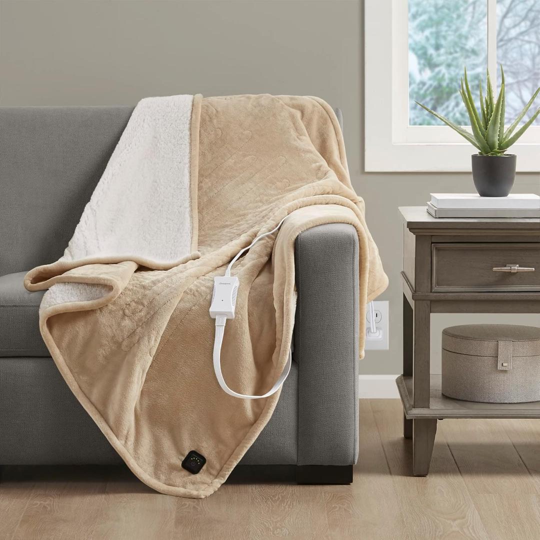 Beautyrest Plush to Sherpa Reversible Electric Blanket, Built-in Soft Button Controller, Auto Shut Off, Multi Heat Setting, UL Certified, Machine Washable Heated Throw, 50x60 Oatmeal
