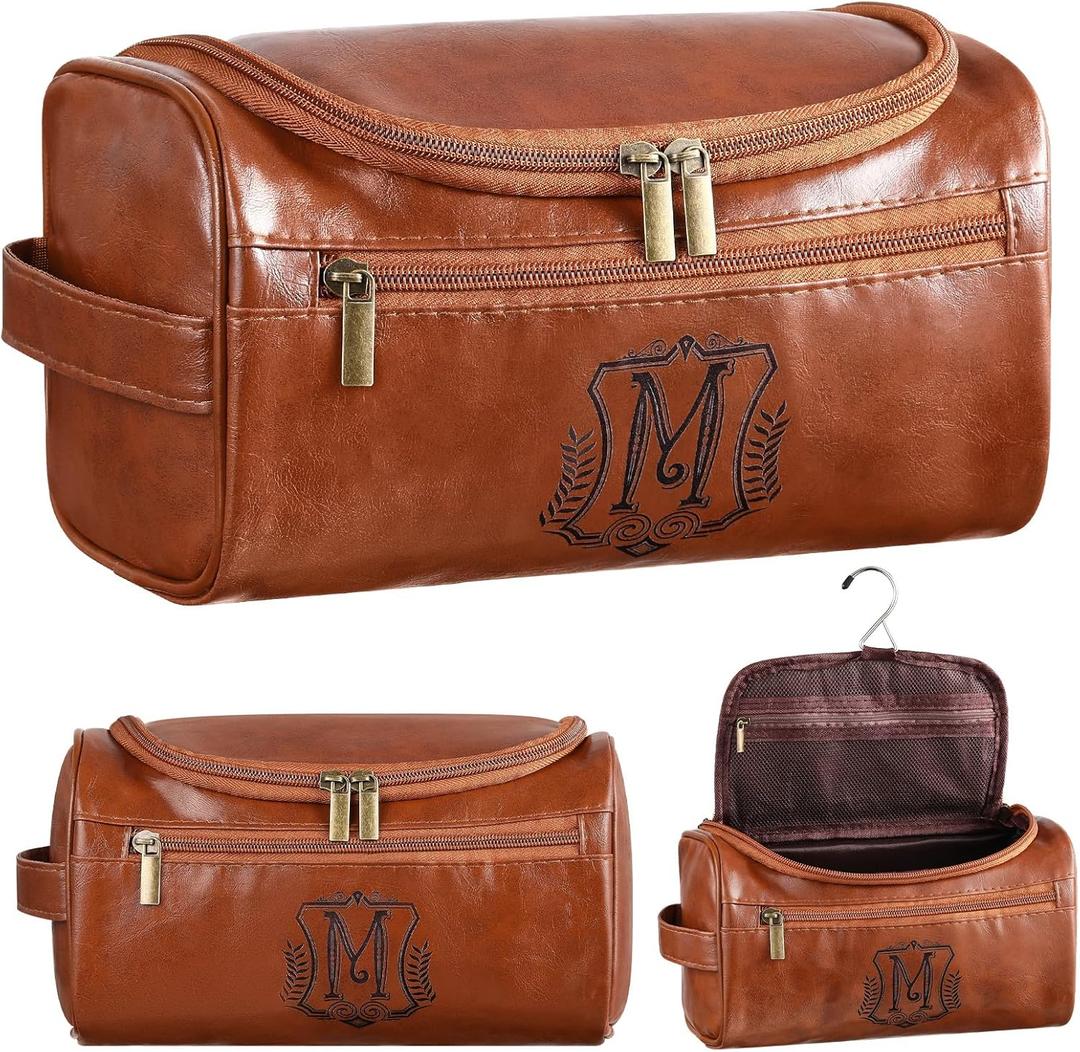 Sadnyy Personalized Leather Toiletry Bag for Men Initial Travel Bag with Hook Monogrammed Toiletry Pouch Leather Travel Bathroom Kit with Side Handle for Him Dad Husband Anniversary Birthday Gifts(M)