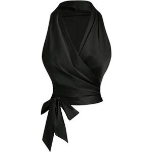 SHENHE Women's Satin Wrap Ruched Tie Side Tank Top Deep V Neck Sleeveless Elegant Blouse (Large, Black)