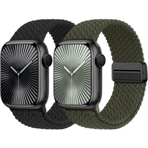 Braided Stretchy Bands with Magnetic Clasp Compatible for Apple Watch Band 38mm 40mm 41mm 42mm 44mm 45mm 46mm 49mm Women Men, Nylon Sport Solo Loop for iWatch Series 11 10 9 8 7 6 5 4 3 Ultra 3 2 1 SE (Olive/Black)