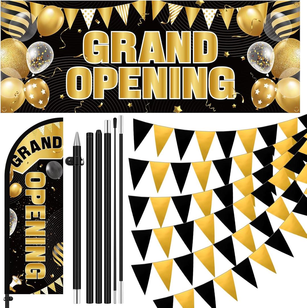 Fanfanwin 7 ft Black and Gold Grand Opening Banner with Pole Kit Advertising Feather Flag Decorations Grand Opening Store Sign Triangle Flags Set for Business Event Bar Restaurant Grocery Cafes Shop